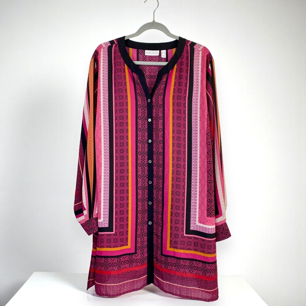 Susan Graver Plus 28W Tunic Blouse Pink Geometric Art Deco Button Front Side Sli